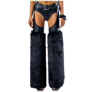Finesse Black Faux Fur Vegan Leather Leg Warmer Chaps XS-L NWOT